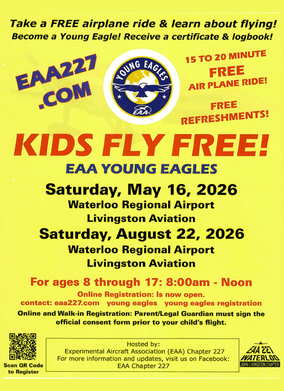 A flyer for the 2026 Kids Fly Free events at the Waterloo Regional Airport.