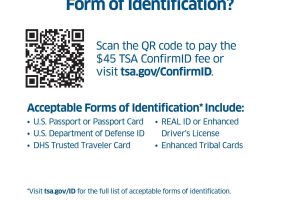 A picture of a flyer with a QR code linking to www.Tsa.gov and the text, Don't have an acceptable form of Identification? Scan the QR code to pay.