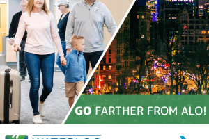 A picture of a couple walking through the Waterloo Regional Airport.