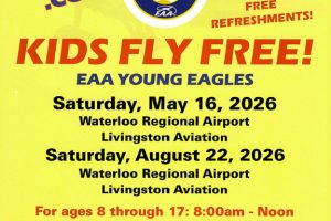 A flyer for the 2026 Kids Fly Free events at the Waterloo Regional Airport.