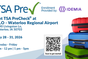 A picture of a suitcase with text that states, Waterloo Regional Airport TSA event, July 28-31st and August 4-7, 2026 with a QR code to scan to go to the registration website.