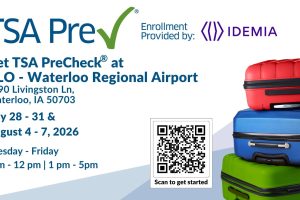 A picture of a suitcase with text that states, Waterloo Regional Airport TSA event, July 28-31st and August 4-7, 2026 with a QR code to scan to go to the registration website.