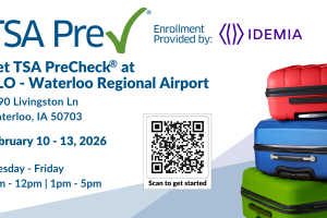 A picture of a suitcase with text that states, Waterloo Regional Airport TSA event, February 10-13th, 2026 with a QR code to scan to go to the registration website.
